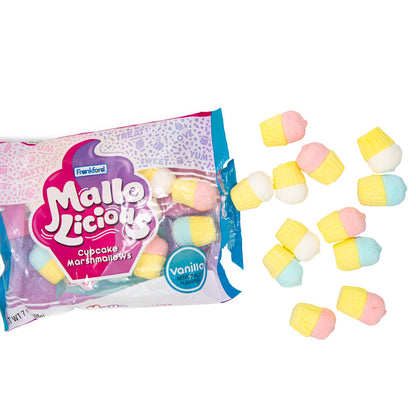 Opened bag with pink, white, and blue cupcake marshmallows 