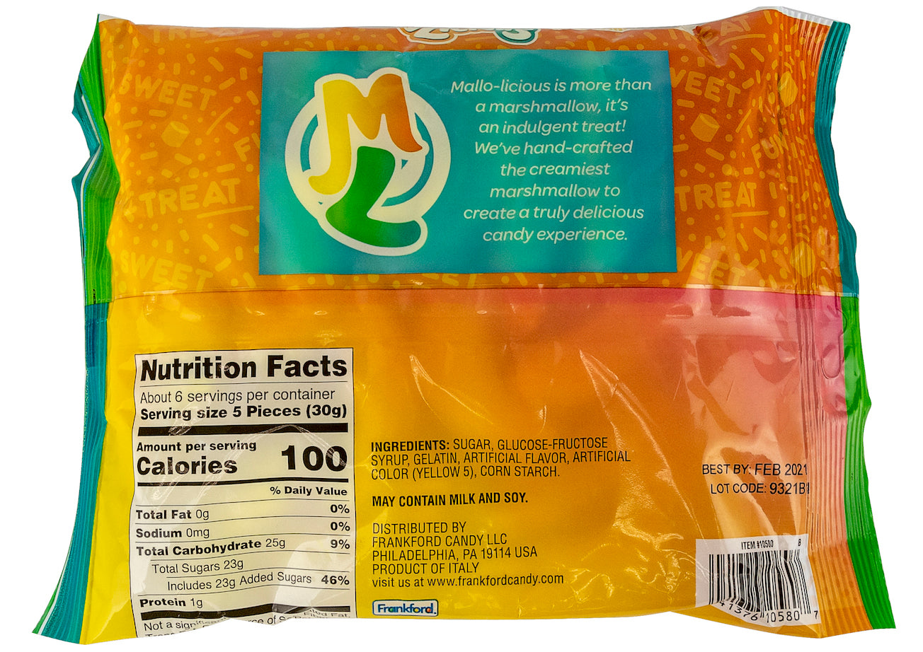 back of orange and yellow bag with nutrition facts and ingredients