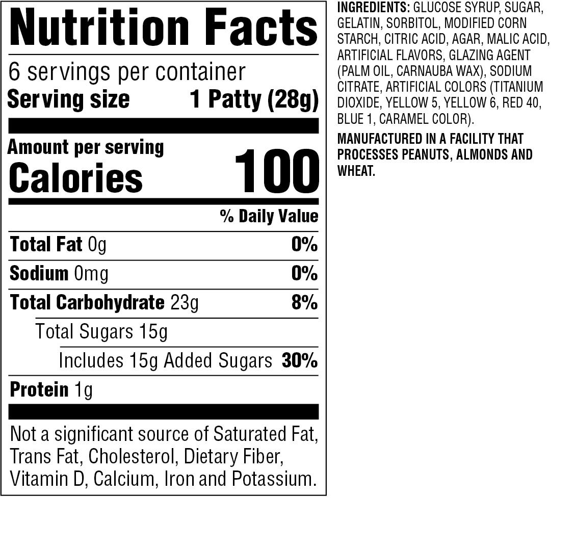 nutrition facts and ingredients for jumbo Krabby Patty gummies