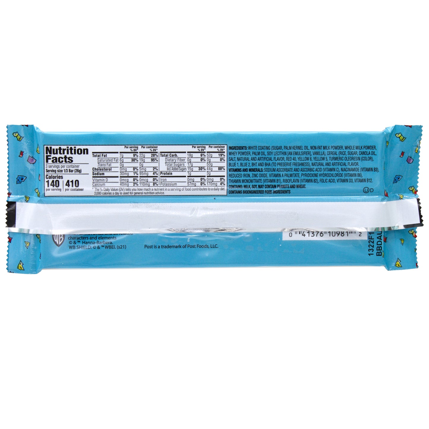 Back of blue candy bar wrapper with nutrition facts and ingredients