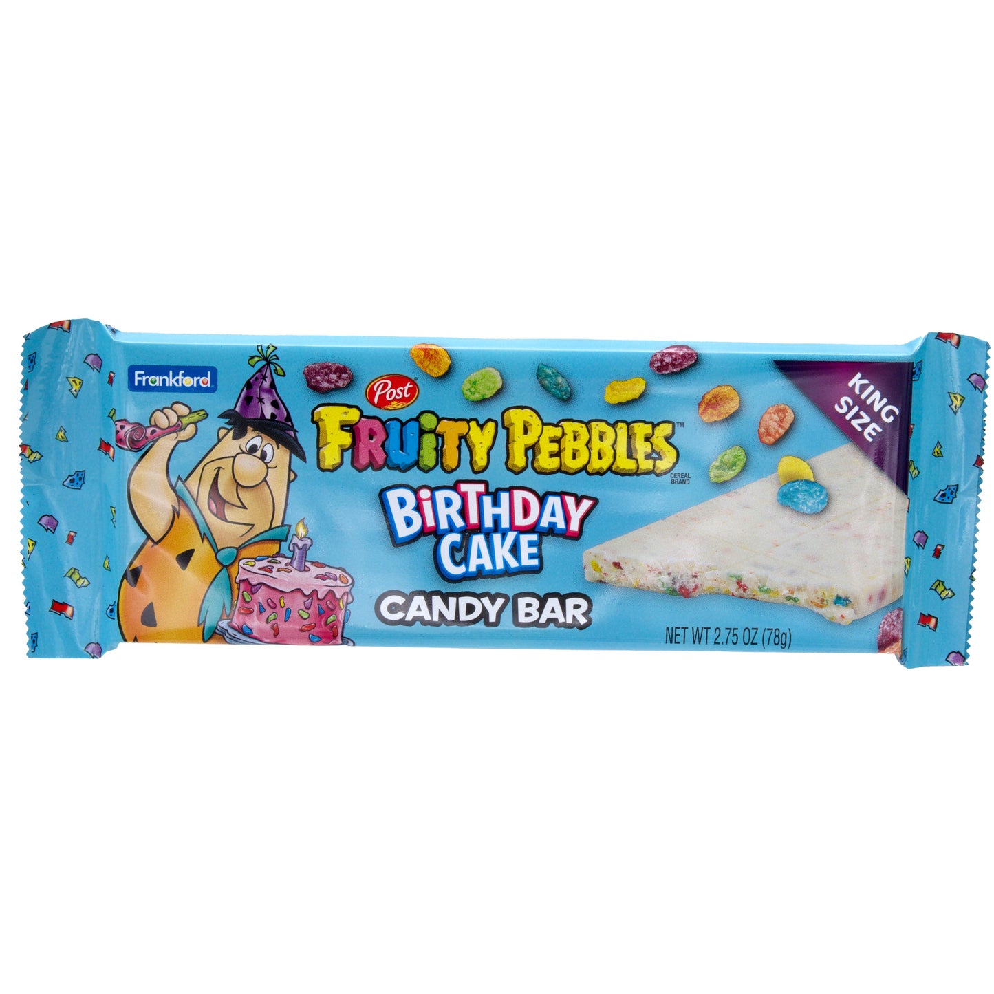 Light blue candy bar wrapper with fruity pebbles and Fred Flinstone with pink birthday cake