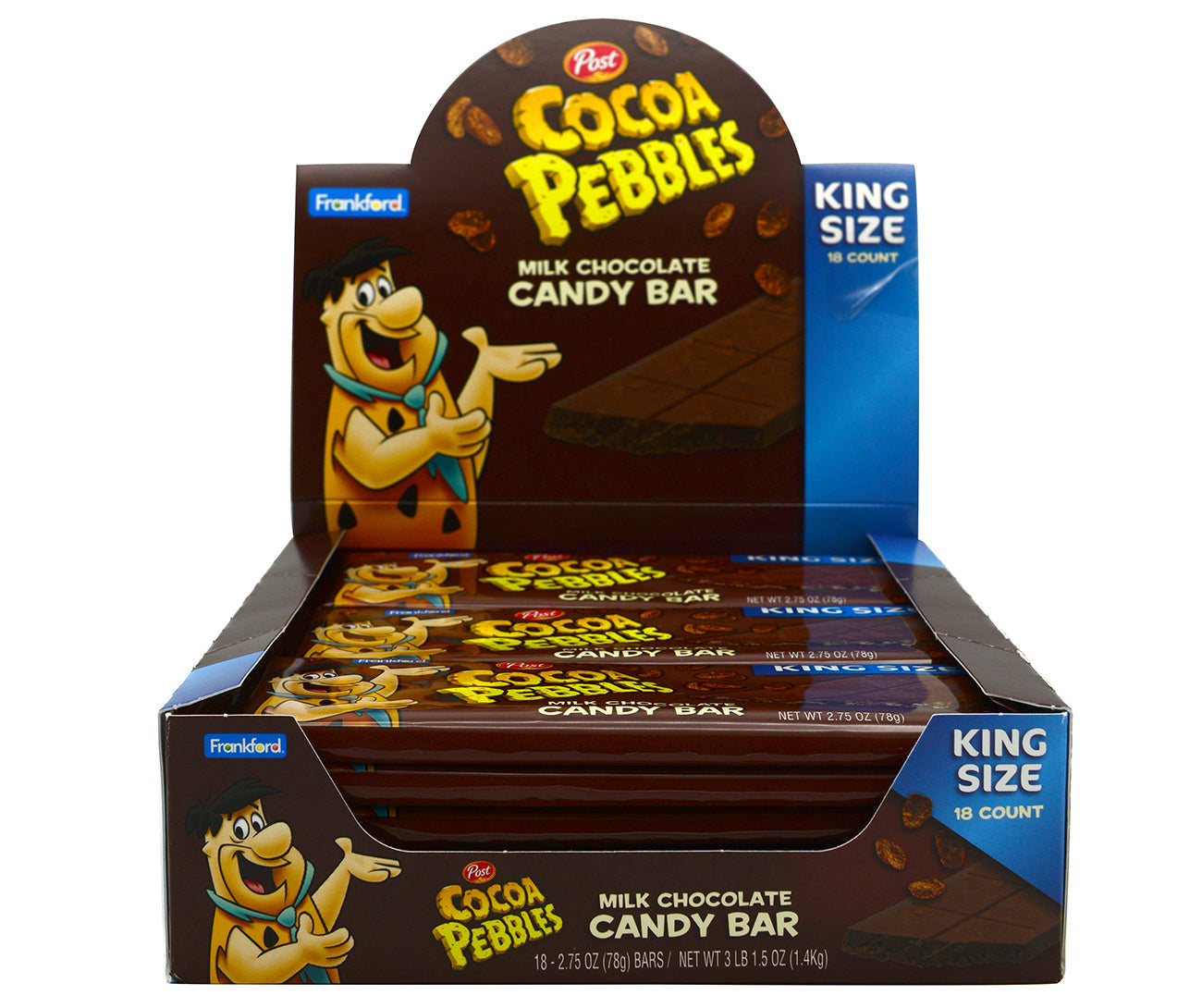 Brown display case with 18 unopened chocolate bars inside