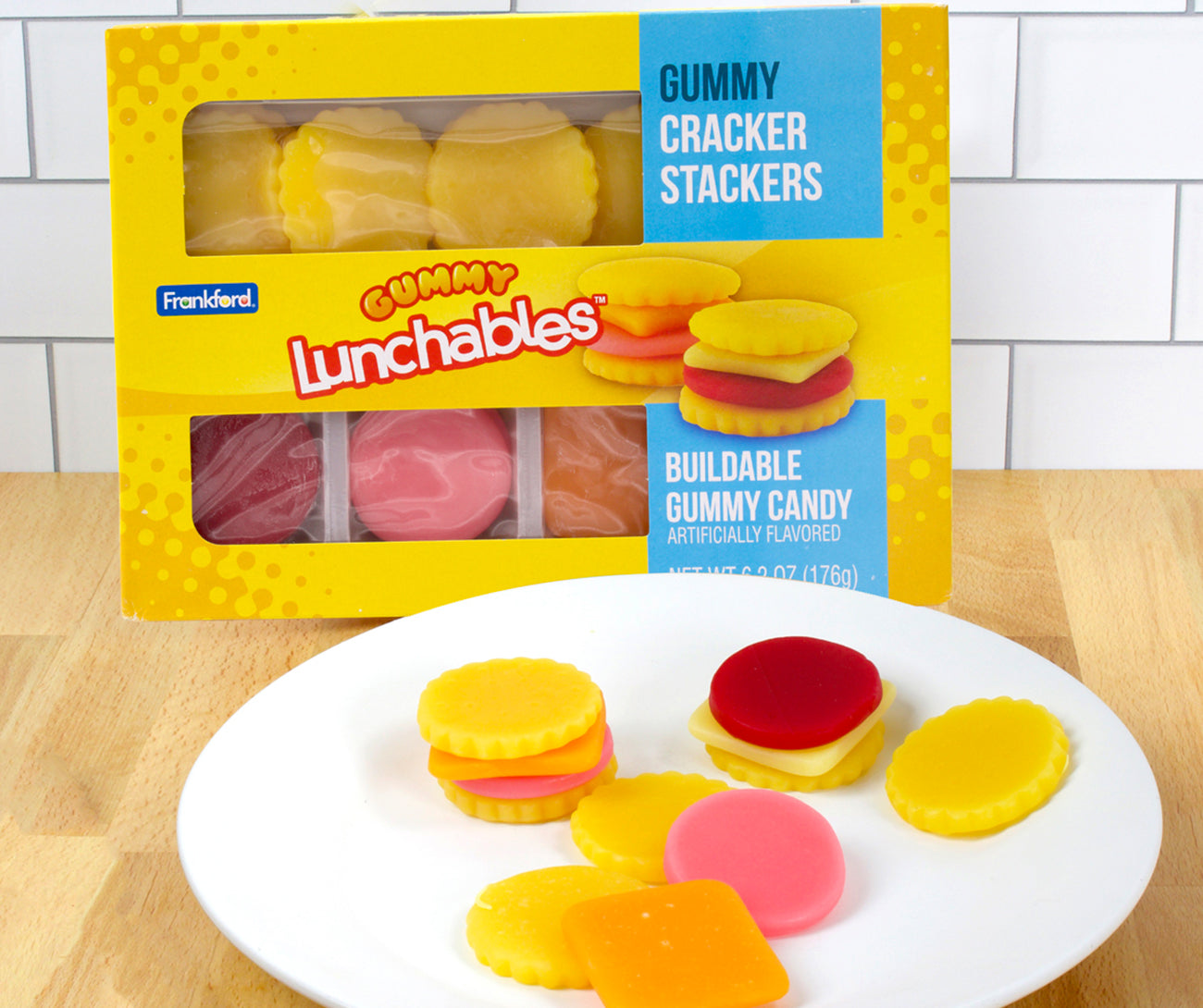 Yellow lunchables box with plate of gummy cracker stacks