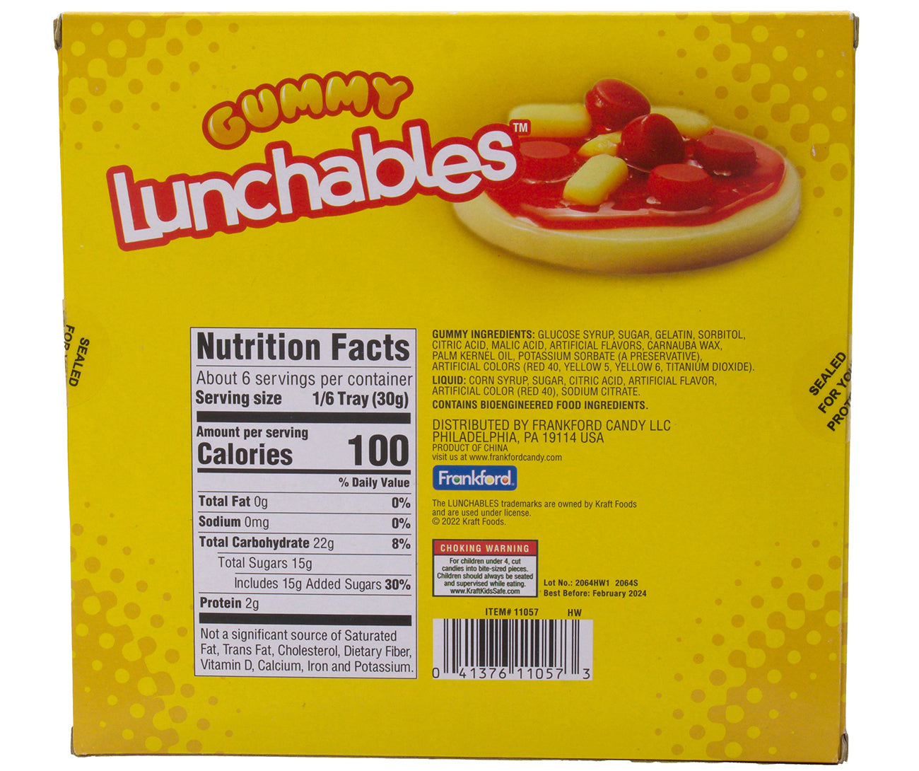 Back of yellow gummy pizza box with nutrition facts and ingredients