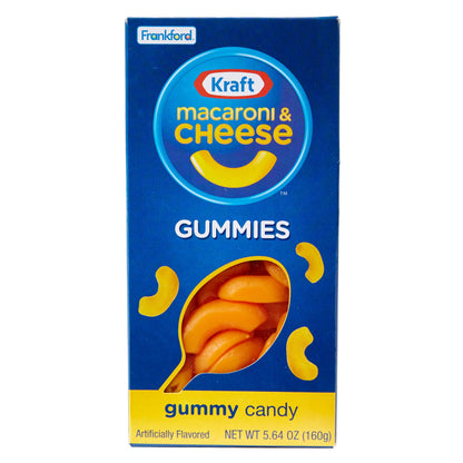 Blue gummy box with spoon shaped clear display of orange mac and cheese gummies