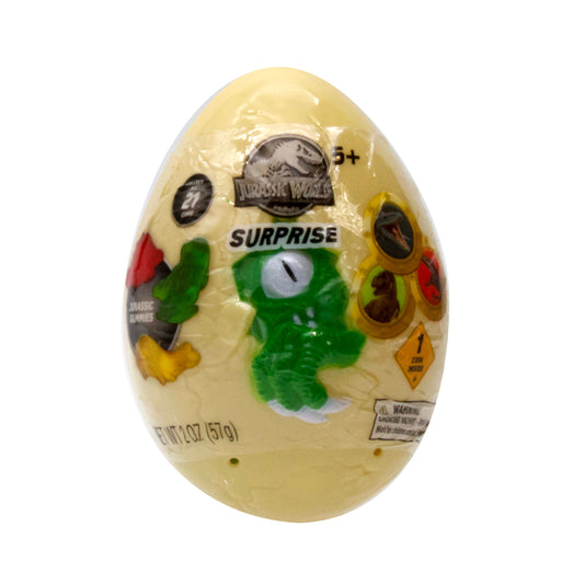 Individual yellow plastic egg with dinosaur gummies and character coins