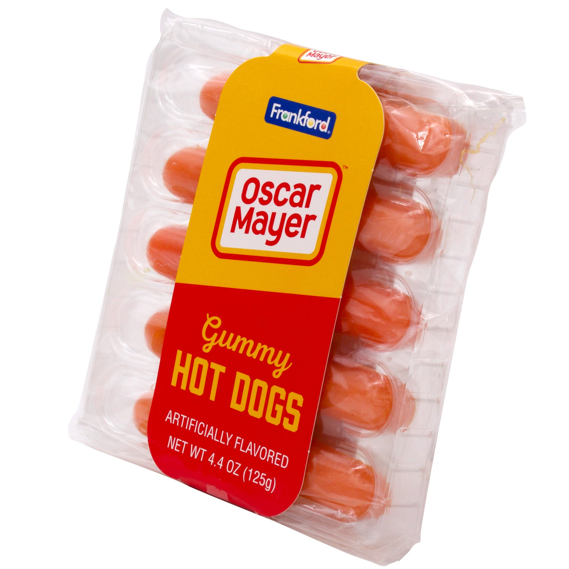 side of hot dog packaging with red and yellow slip cover