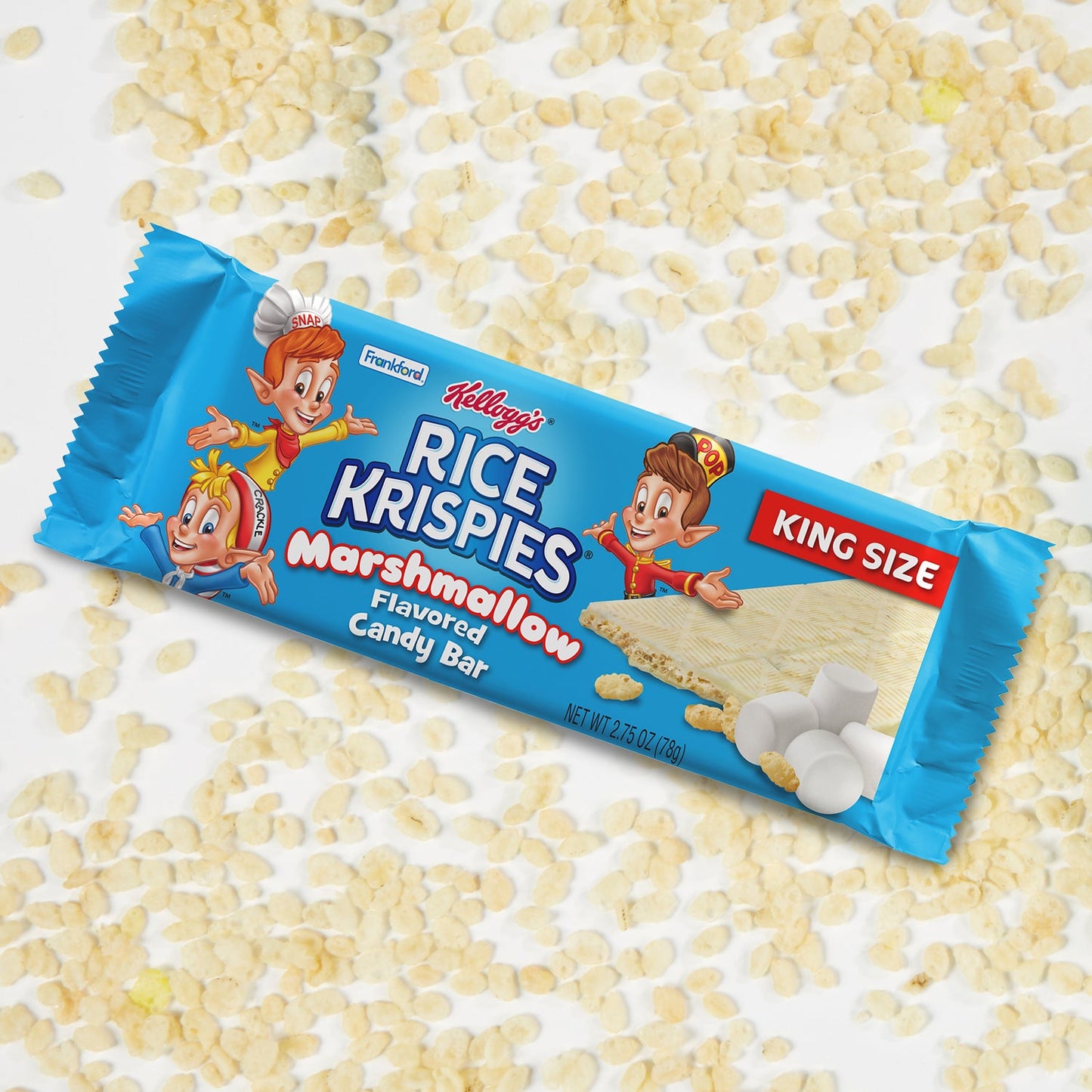 Blue candy bar wrapper surrounded by rice krispies cereal