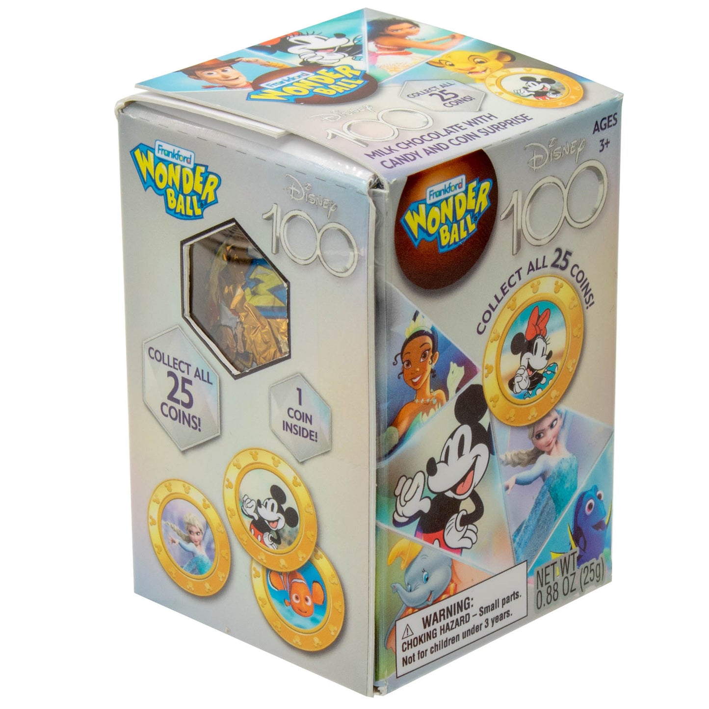 Angle of silver box with Disney characters and character coins