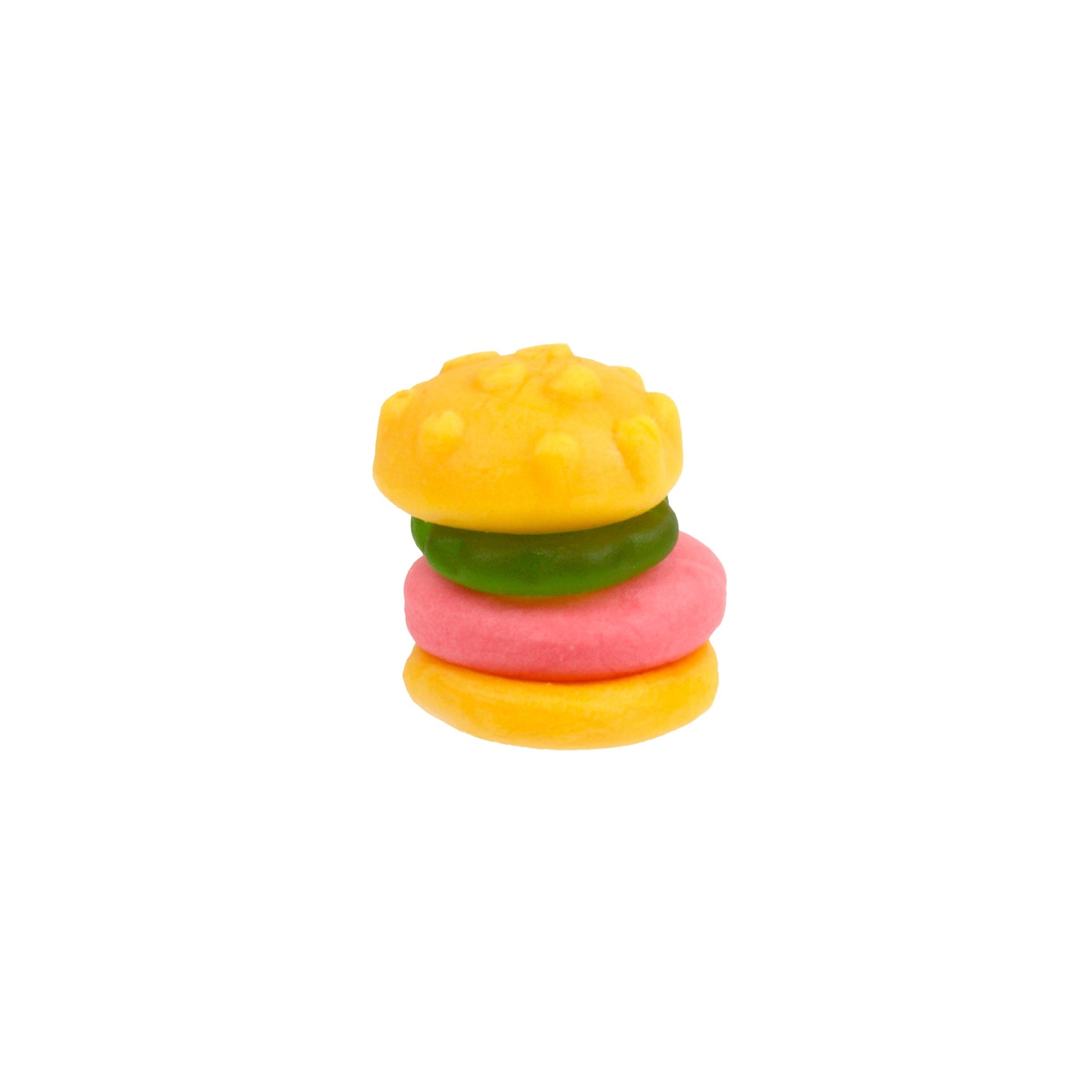 individual krabby patty burger gummy with bun, meat, and lettuce gummy layers