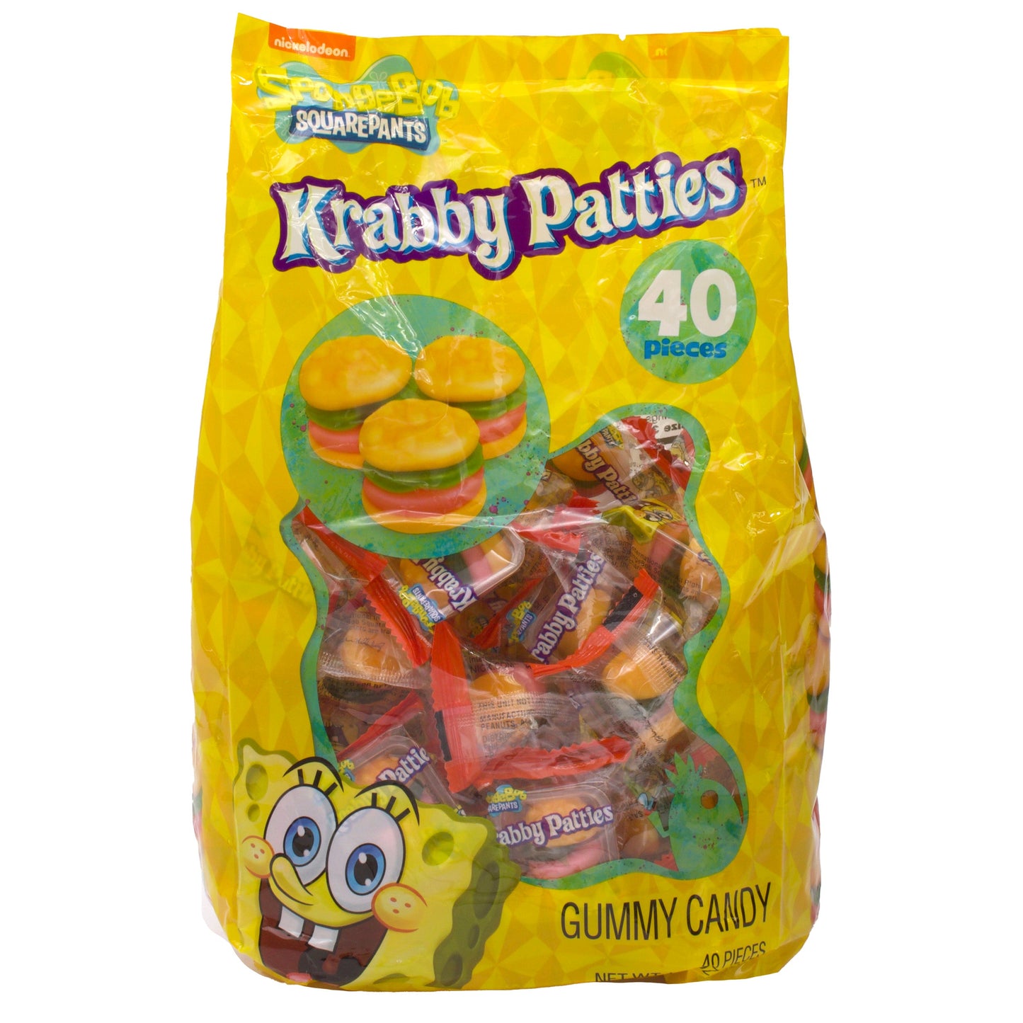 Yellow bag with 40 individually wrapped krabby patties burgers gummies