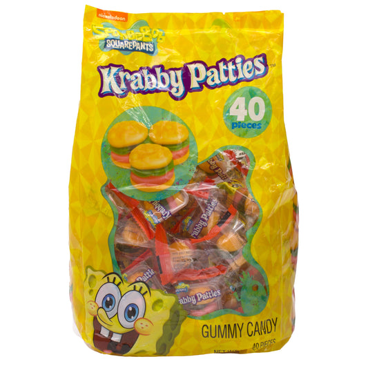 Yellow bag with 40 individually wrapped krabby patties burgers gummies