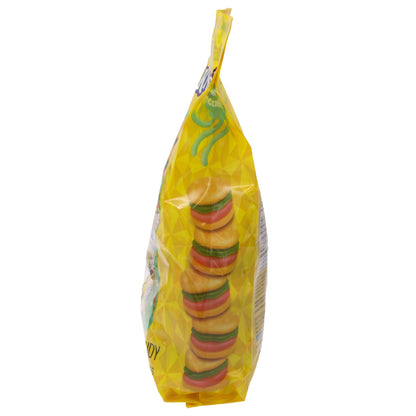 side of yellow bag with stack of krabby patties gummies art