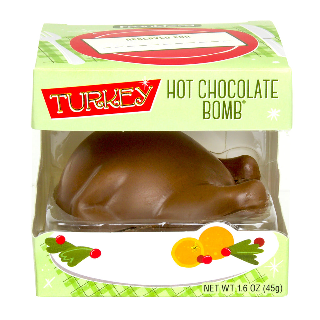 Green box with brown turkey molded hot chocolate bomb