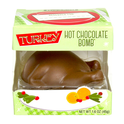 Green box with brown turkey molded hot chocolate bomb