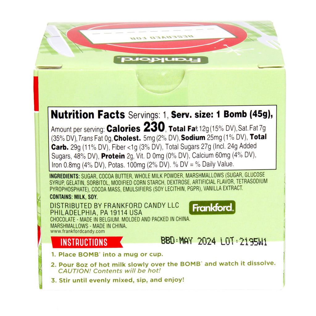 back of box with nutrition facts, ingredients, and directions for hot chocolate bomb