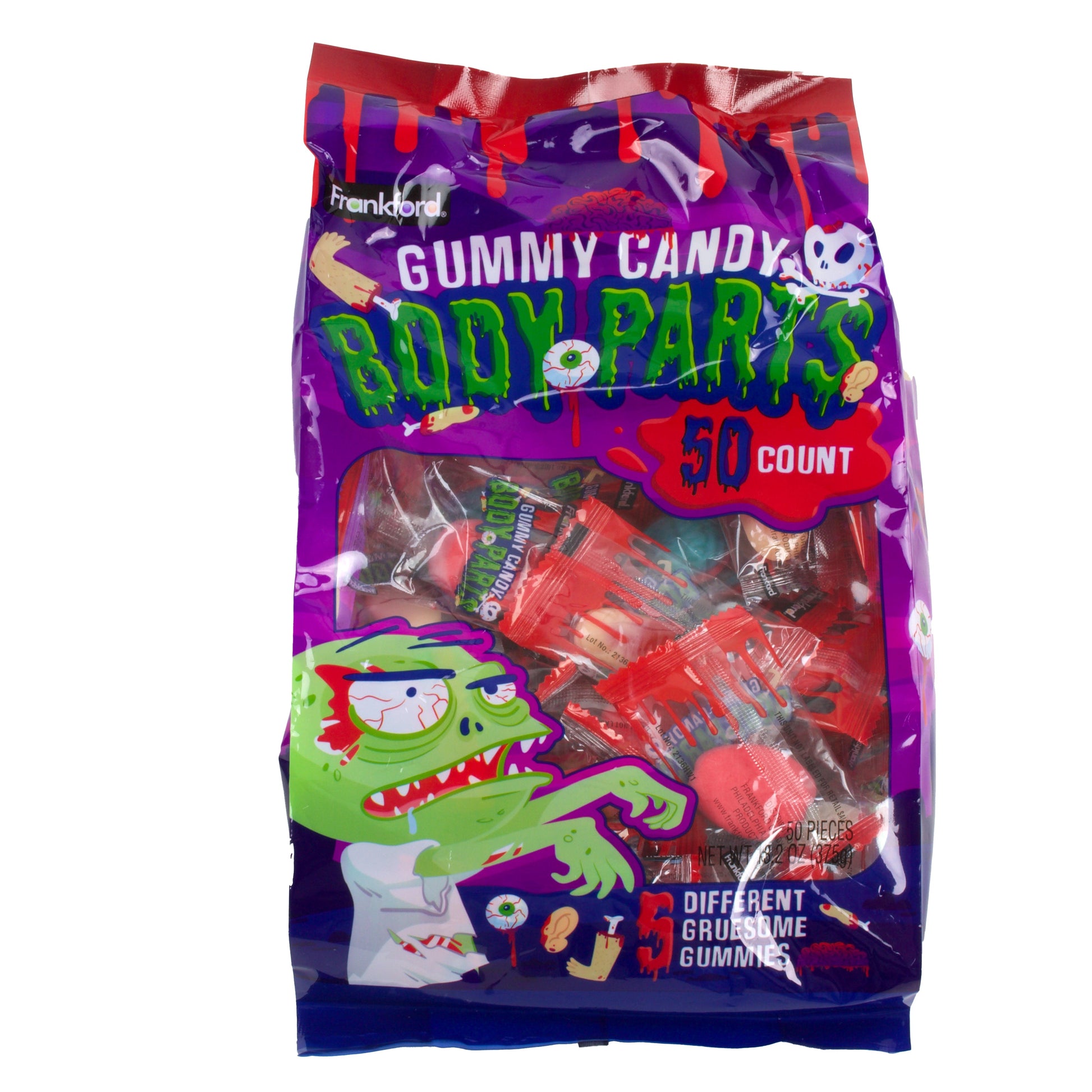 Purple bag with green zombie and dripping red blood with 50 individually wrapped gummies