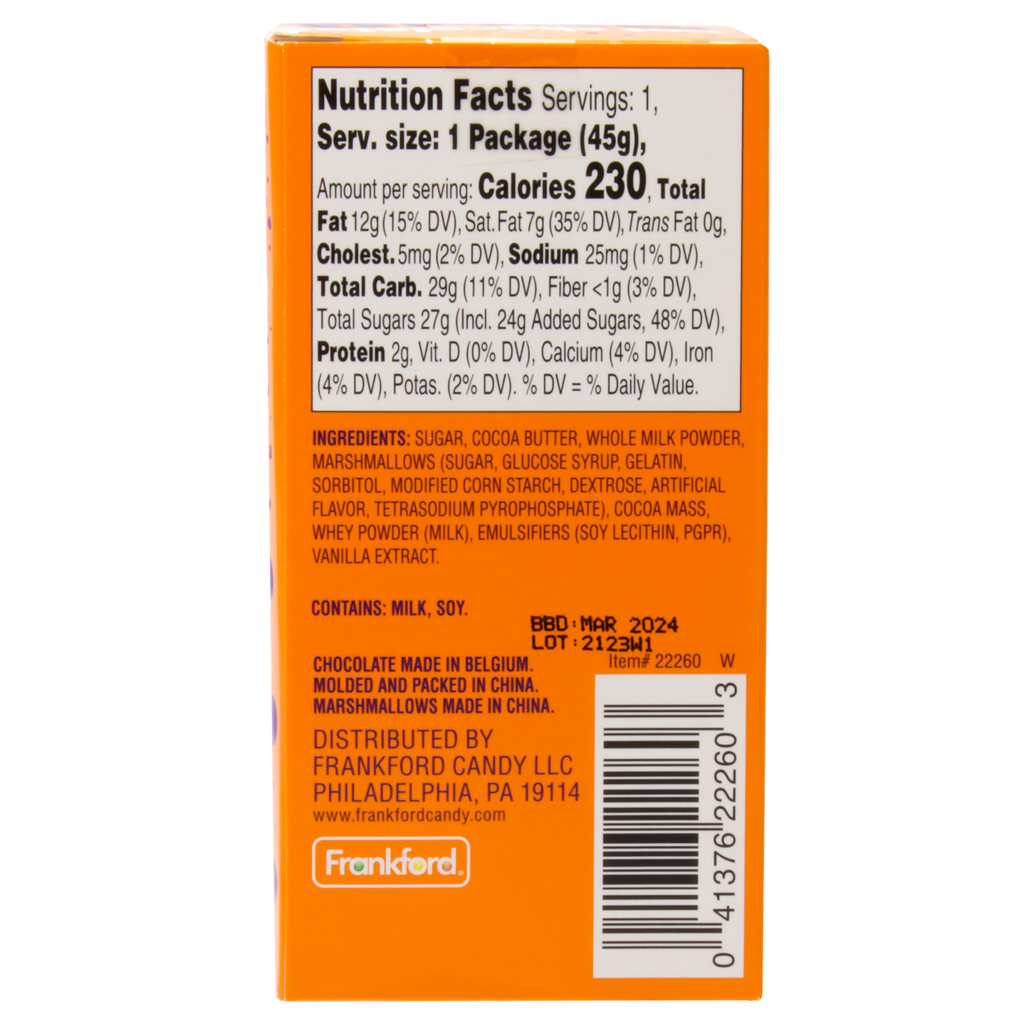 back of orange box with nutrition facts and ingredients