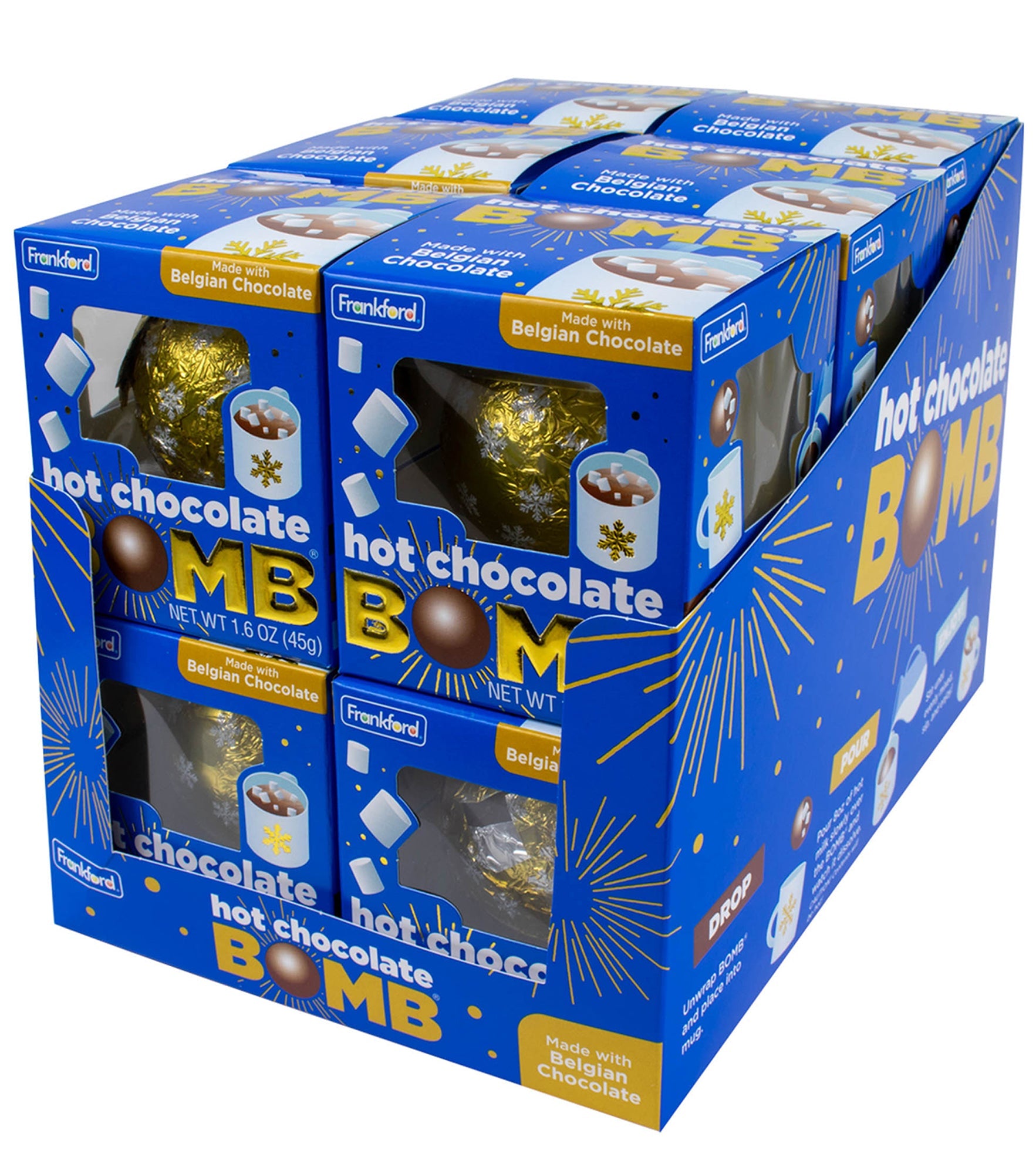Blue display case of 6 individual blue boxes of hot chocolate bombs