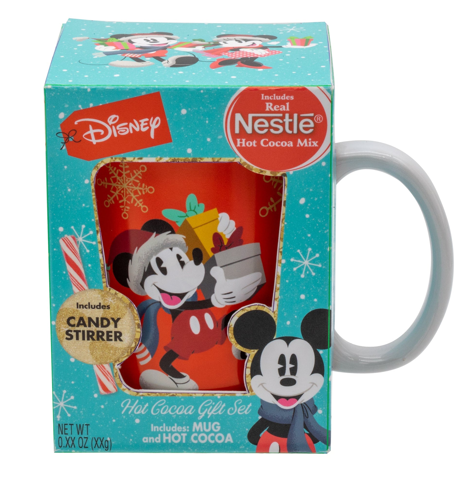 Blue Christmas themed box with red mug and mickey holding presents decal. White mug handle sticking out from right of box. 