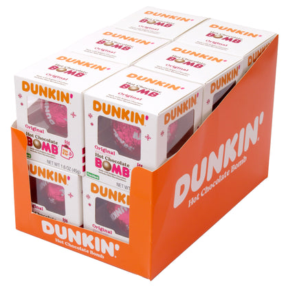 Orange display case with 6 white Christmas themed boxes, each with 1 hot chocolate bomb wrapped in pink foil with Dunkin' logo