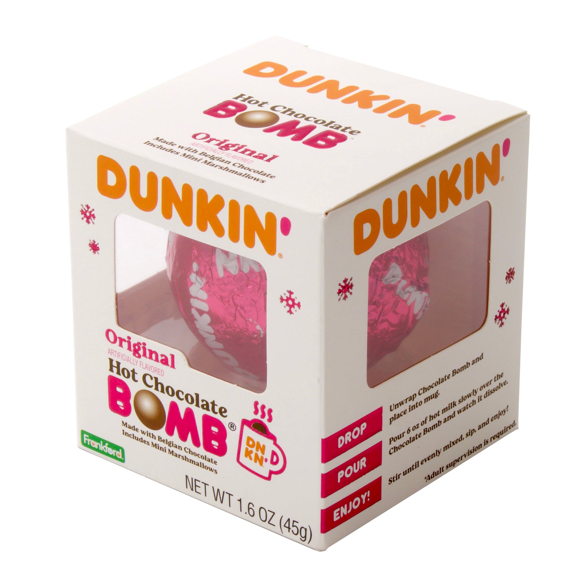 Angle of white christmas themed box with 1 hot chocolate bomb wrapped in pink foil with Dunkin' logo and side with directions for how to use hot chocolate bomb