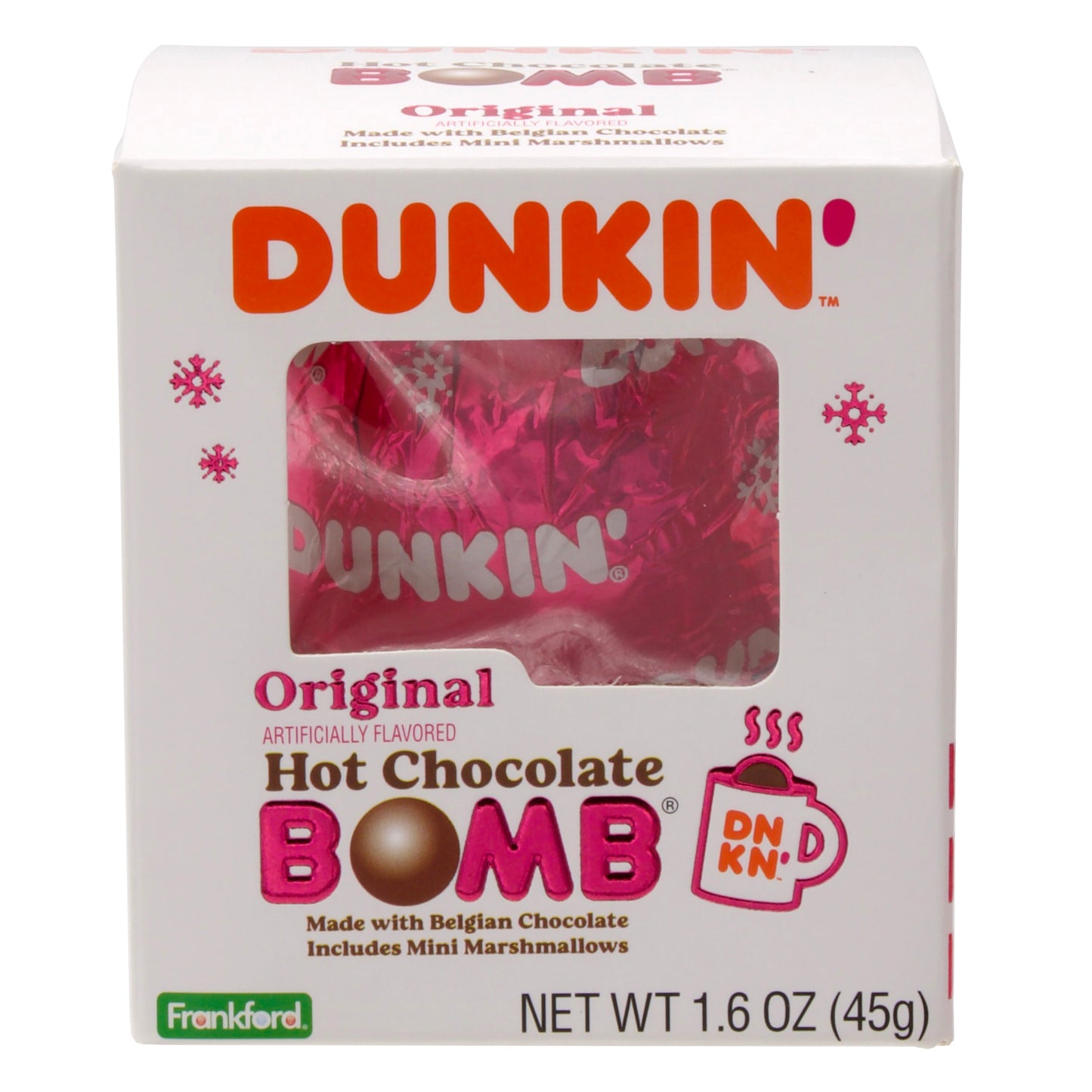 White christmas themed box with 1 hot chocolate bomb wrapped in pink foil with Dunkin' logo