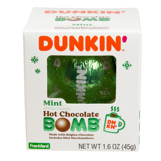 White Christmas themed box with 1 hot chocolate bomb wrapped in green foil with Dunkin' logo