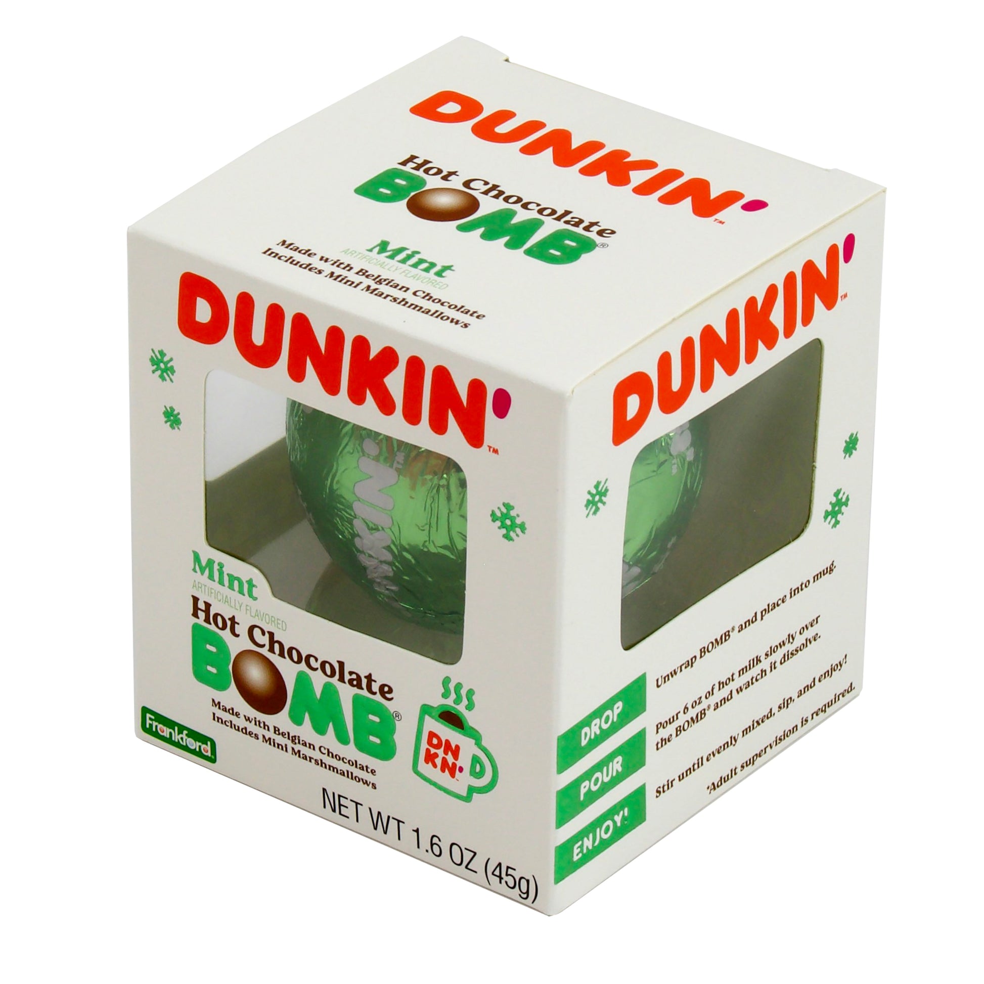 Angle of white Christmas themed box with 1 hot chocolate bomb wrapped in green foil with Dunkin' logo and side with directions for how to use hot chocolate bomb