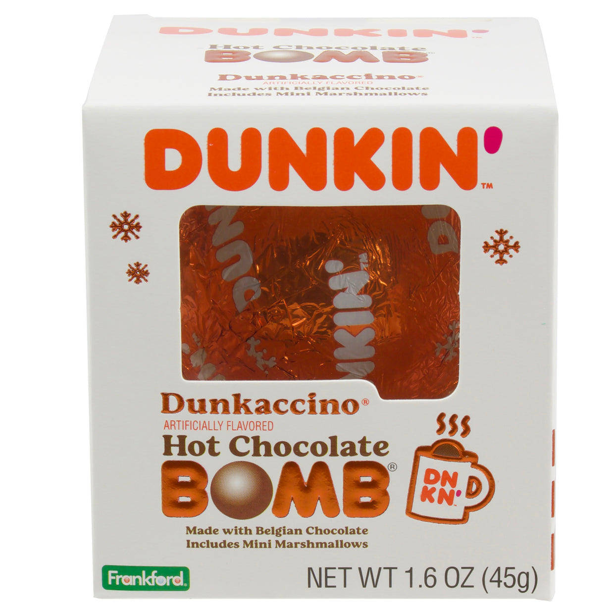 White Christmas themed box with 1 hot chocolate bomb wrapped in orange foil with Dunkin' logo