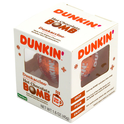 Angle of white Christmas themed box with 1 hot chocolate bomb wrapped in orange foil with Dunkin' logo