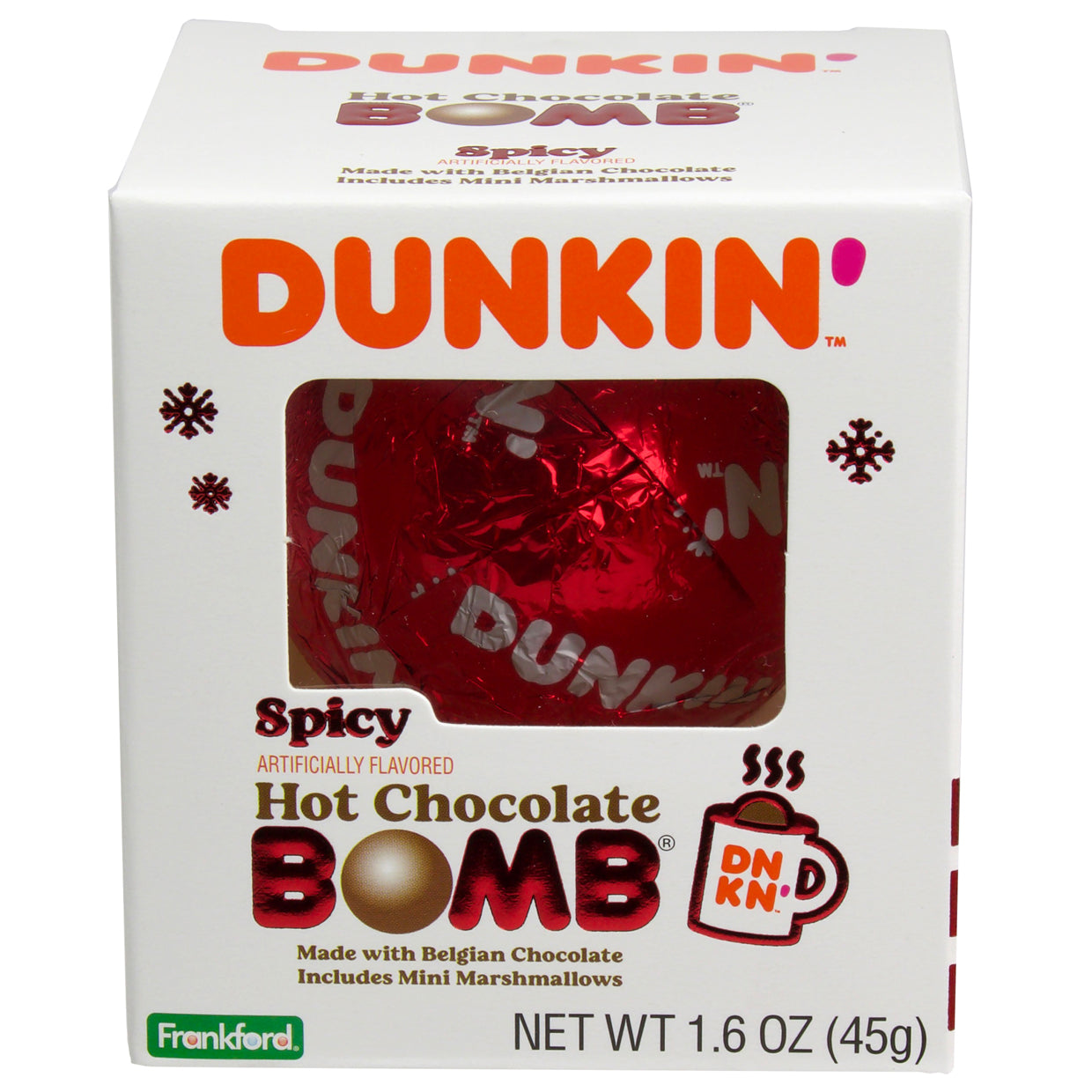 White Christmas themed box with 1 hot chocolate bomb wrapped in red foil with Dunkin' logo