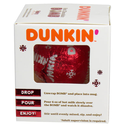 Side of white Christmas themed box with directions for how to use hot chocolate bomb