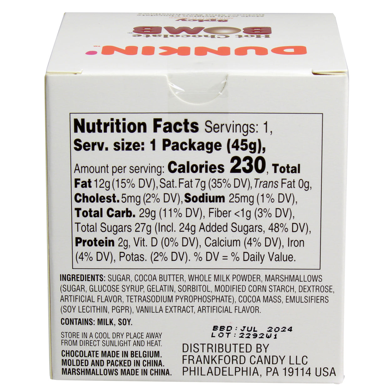 back of hot chocolate bomb box with nutrition facts and ingredients