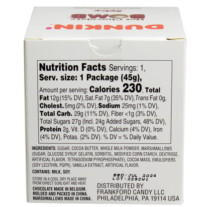 back of hot chocolate bomb box with nutrition facts and ingredients