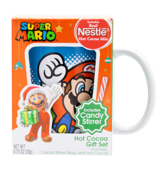 Orange christmas themed box with blue Mario mug with white mug handle sticking out 