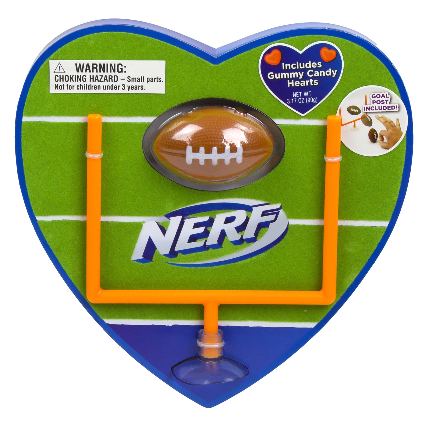 Green and blue heart shaped box with field print cover and orange toy goal post and brown toy football 