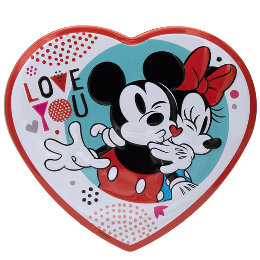 Red outline heart box with cartoon mickey and minnie