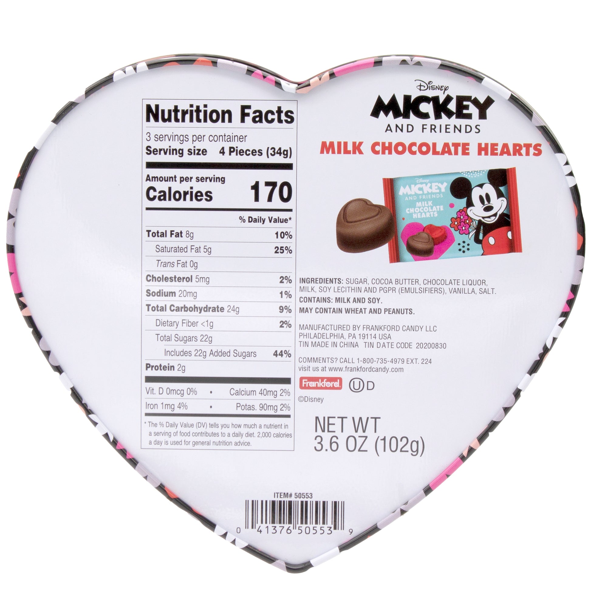 Back of heart shaped box with nutrition facts and ingredients