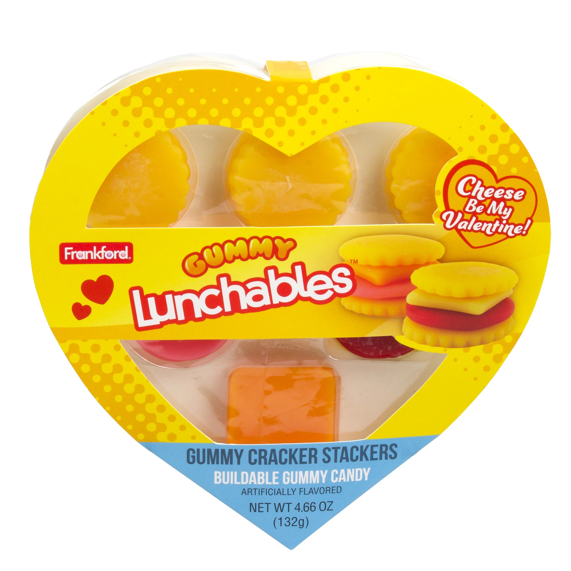 Yellow heart shaped box with gummy crackers and fillings