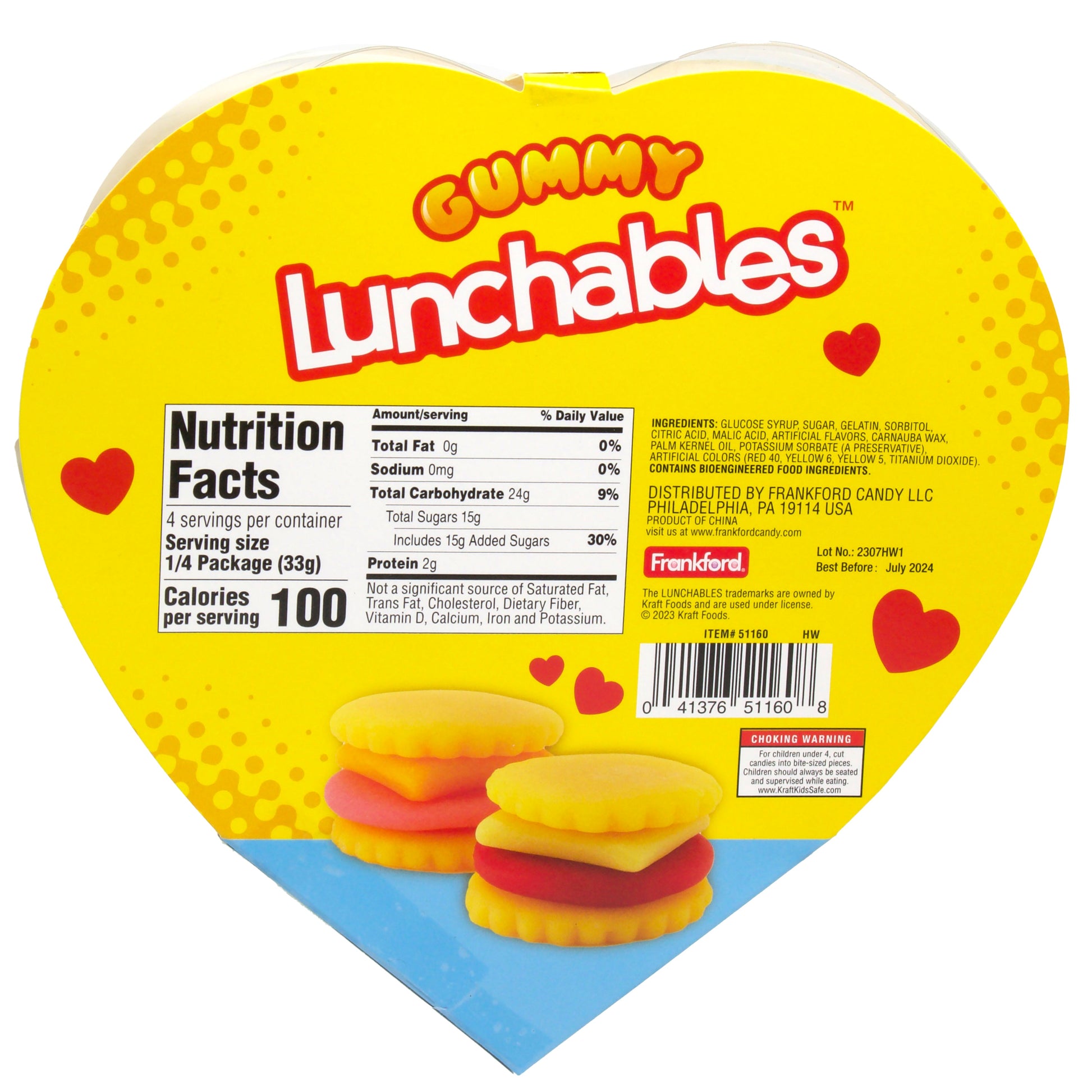 Back of yellow heart shaped box with nutrition facts and ingredients