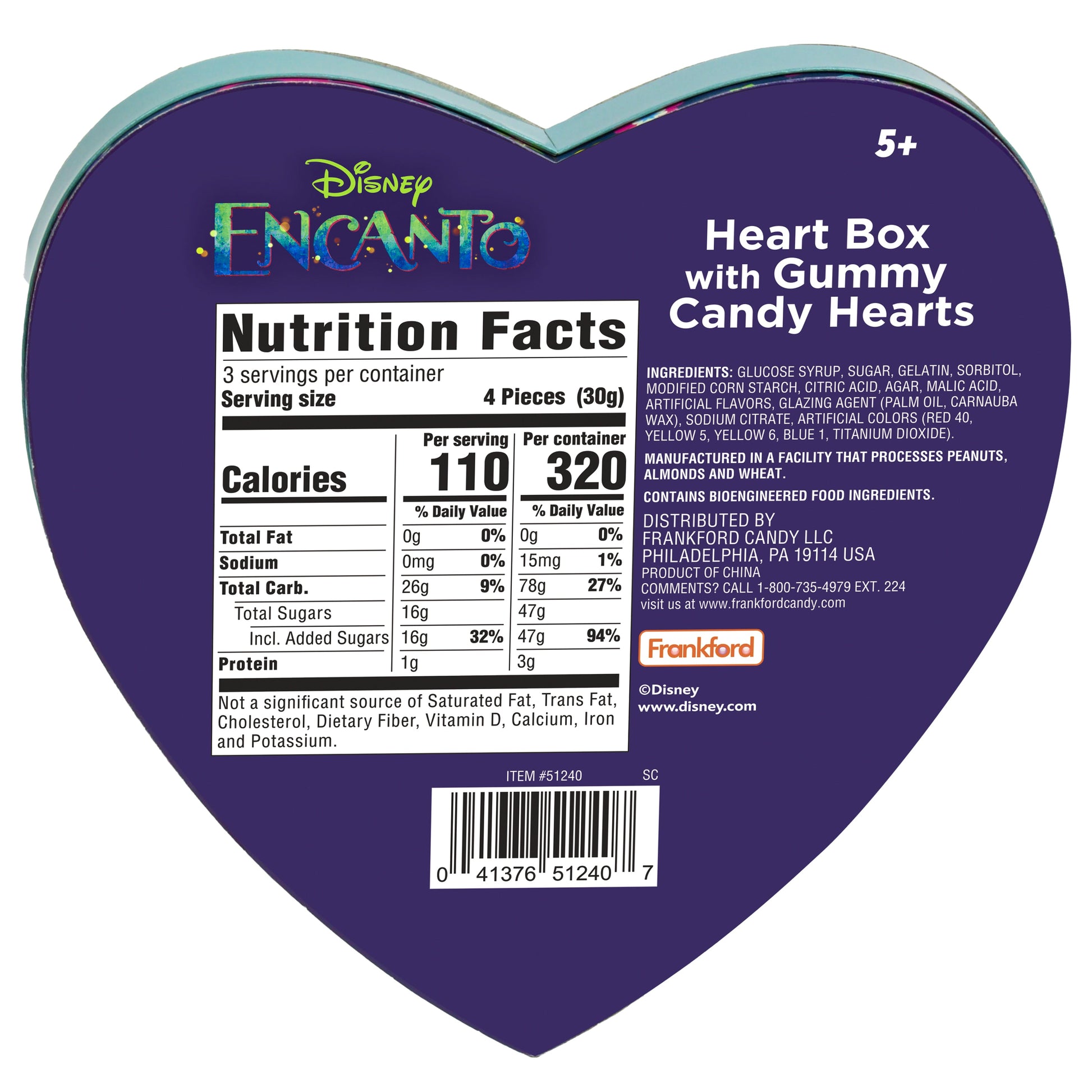 Blue back of heart shaped box with nutrition facts and ingredients