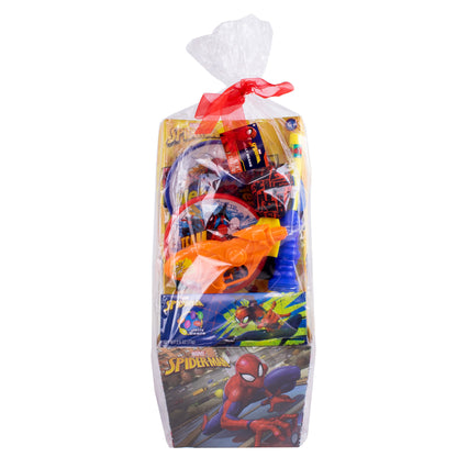 multi colored spiderman basket in clear plastic wrap with red ribbon