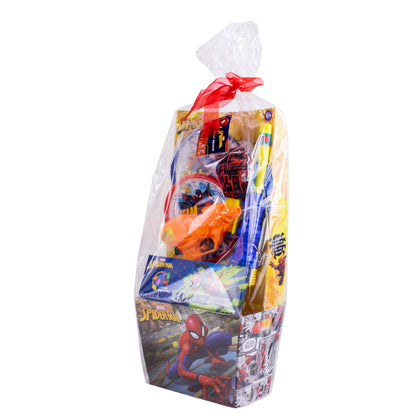 angle of multi colored spiderman basket in clear plastic wrap with red ribbon
