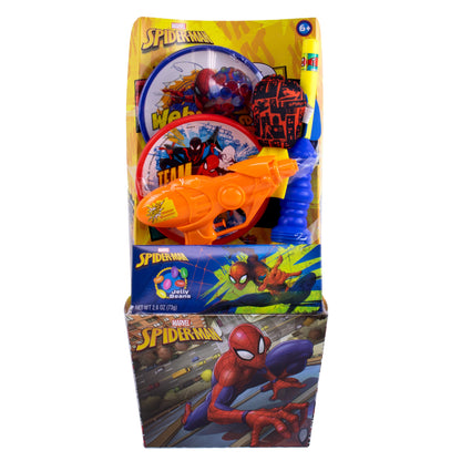 multi colored basket with spiderman art with spiderman accessories and toys with jelly beans