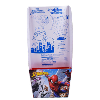 back of basket with color fill in spiderman drawing, word scramble, nutrition facts, and ingredients