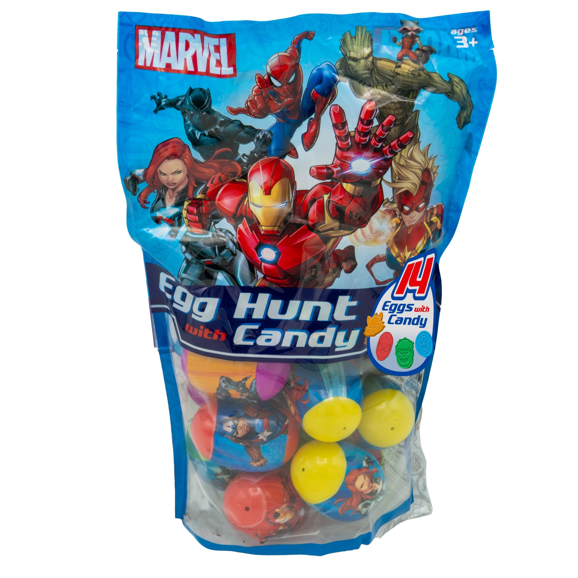 Blue bag with Marvel heroes and plastic eggs