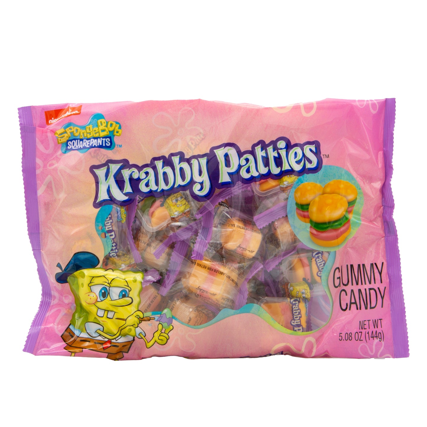 Pink Easter themed bag with individually wrapped krabby patties burgers gummies