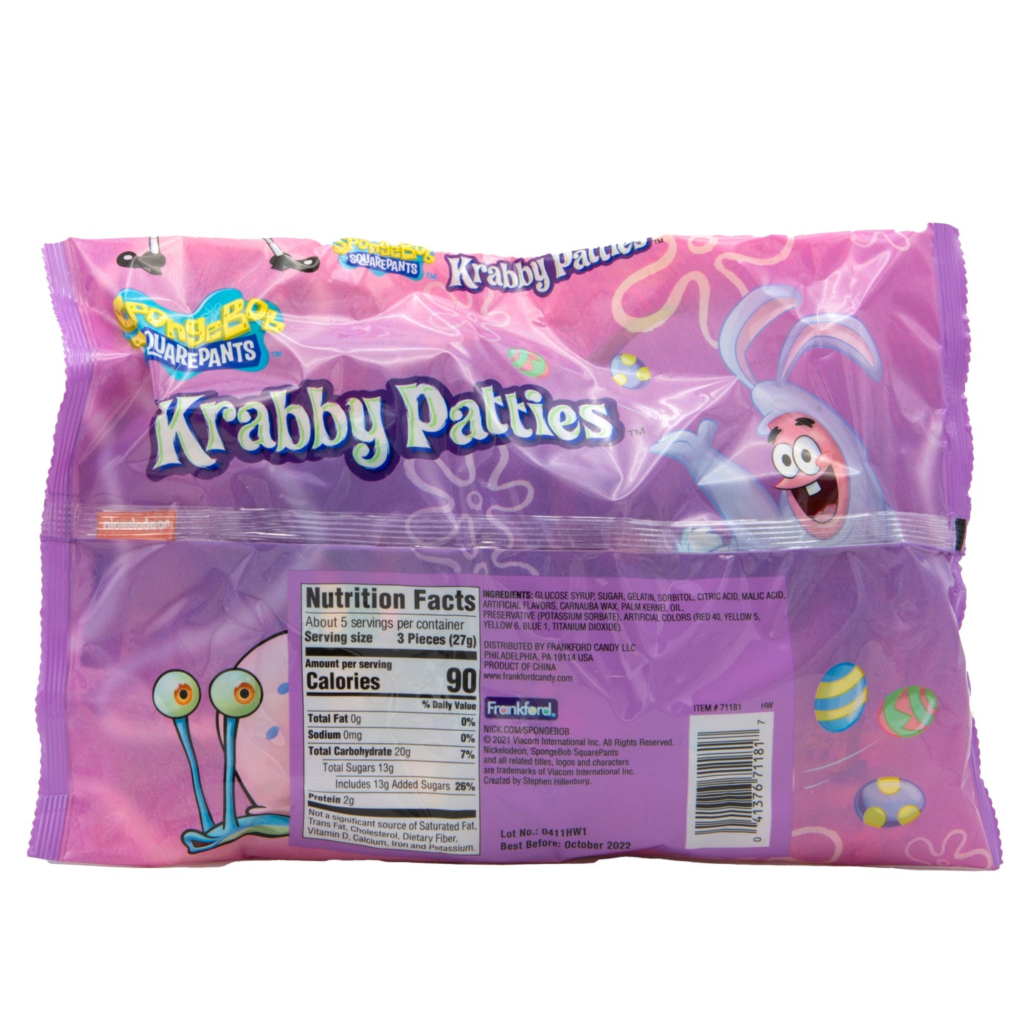 back of purple and pink Easter themed bag with nutrition facts and ingredients