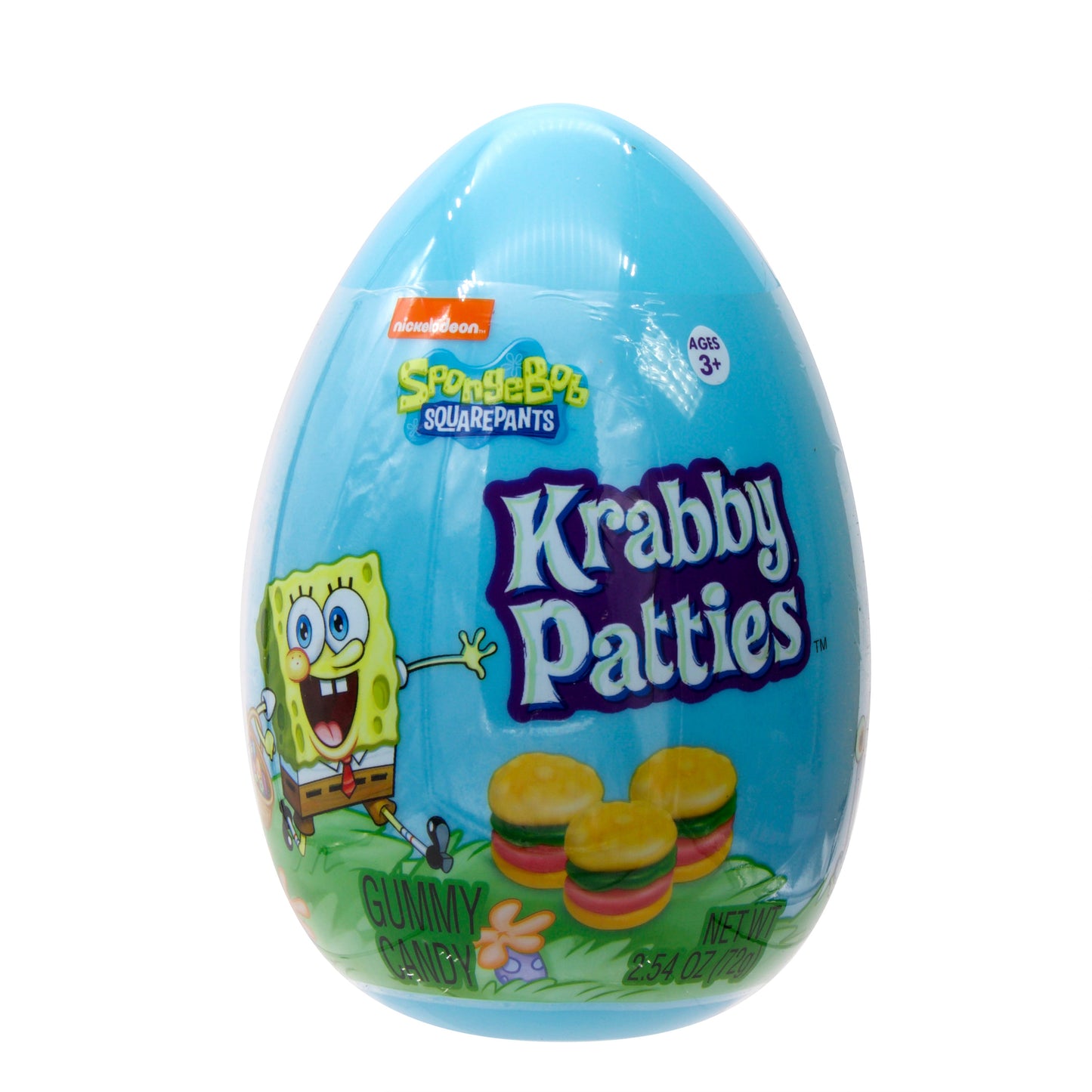 blue plastic egg with SpongeBob Squarepants and 3 krabby patties burgers gummies
